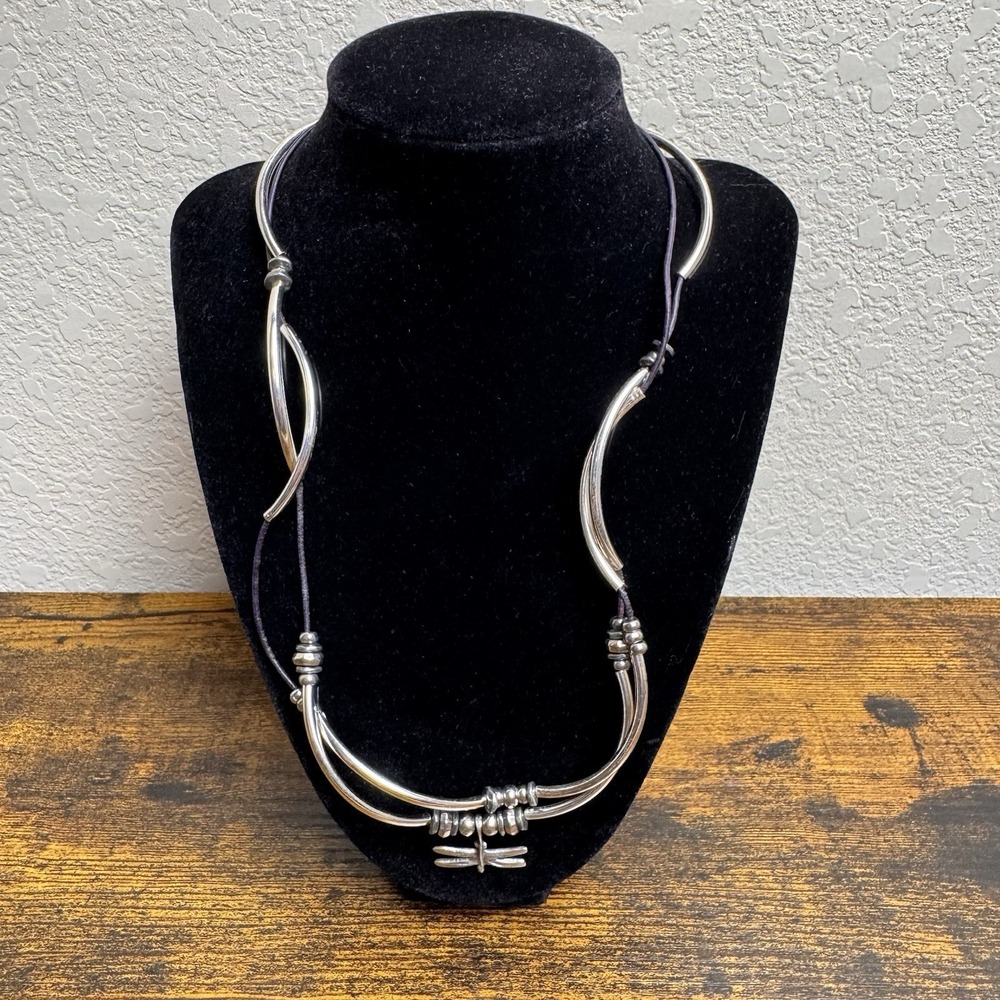 Lizzy James Dragonfly Necklace Silver Tone Leather Cord Handmade USA 18"